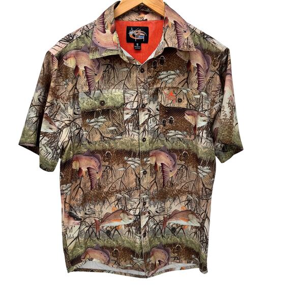 Guy Harvey Fishing Shirt Mens Small FIsh Camo Vented Short Sleeve Button Up - Picture 1 of 10
